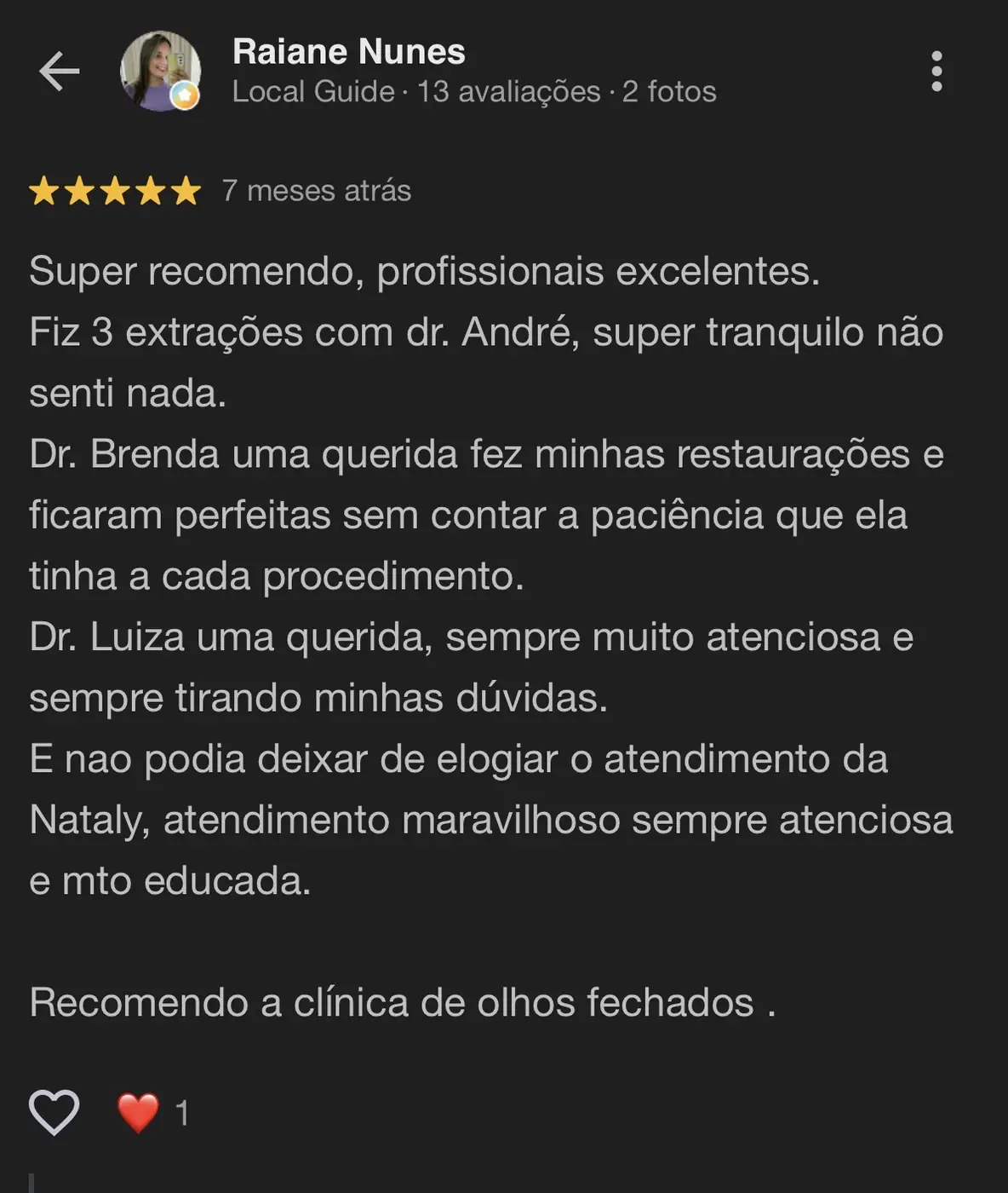 Avaliação de Raiane Nunes no Google
